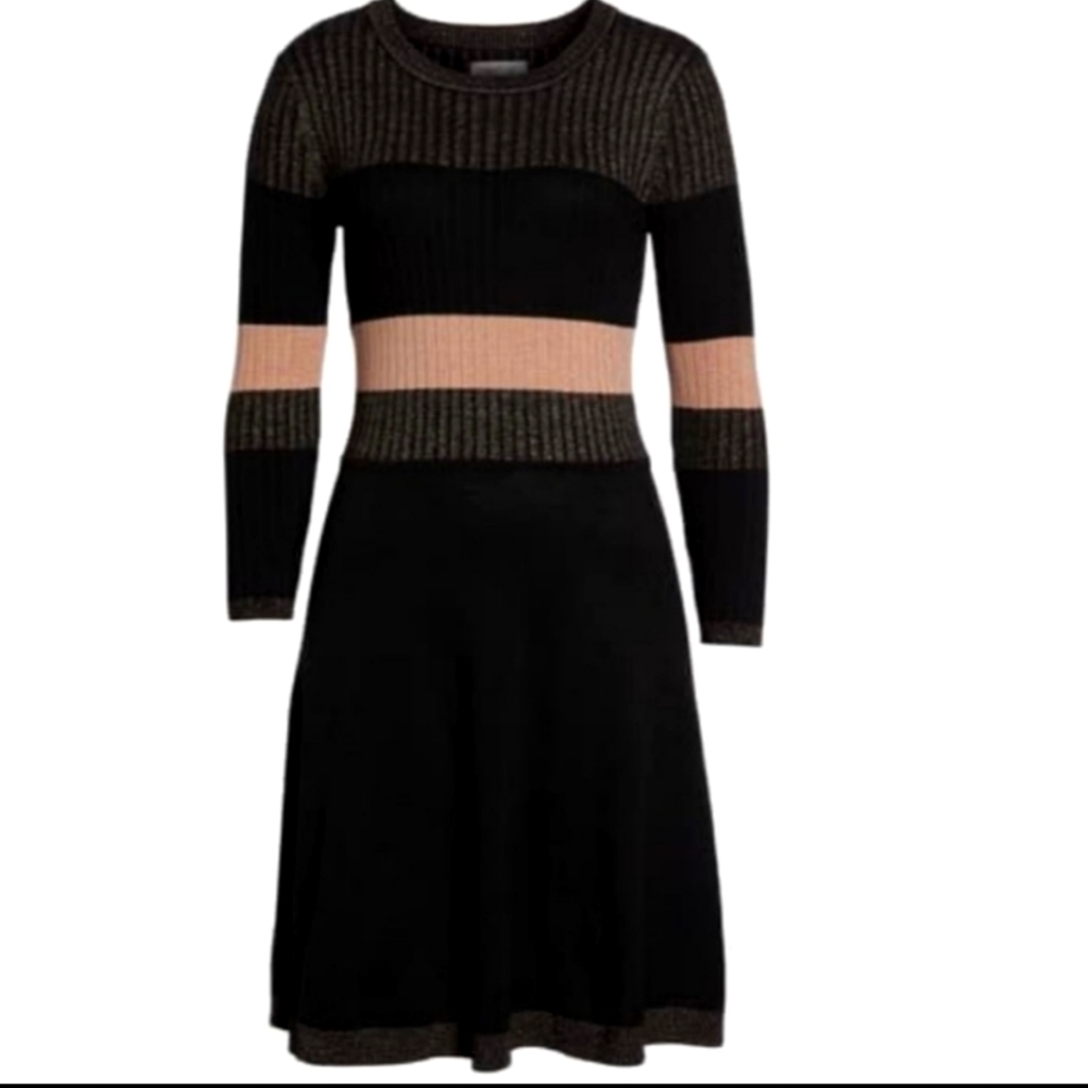 Eliza J Ribbed Fit & Flare Sweater Dress Pink shimmer black size.Large W… - Picture 4 of 10